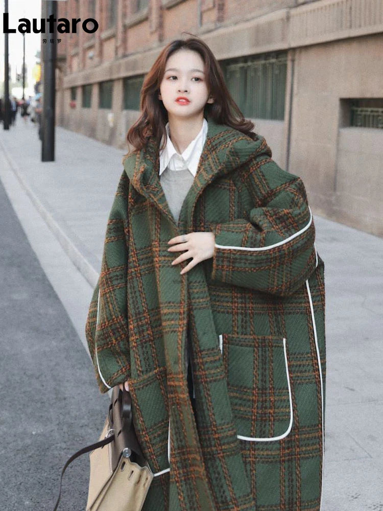 Autumn Winter Long Oversized Warm White Patchwork Plaid Wool Blends Trench Coats Women with Hood Runway Korean Fashion