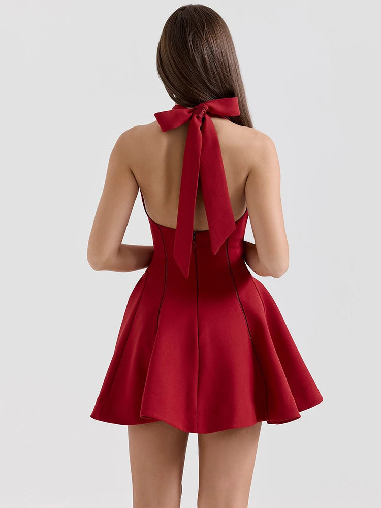 Halter Backless A-line Sexy Mini Dress For Women Robe Fashion Square Collar Sleeveless High Waist Pleated Dress Elegant