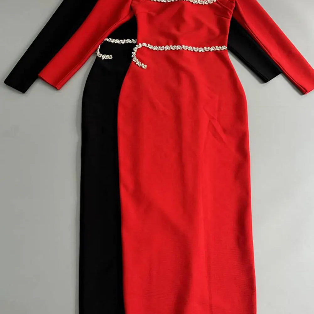 2024 Elegant Women Dress Light Luxury Diamond Design Bandage Dress Square Neck Long Sleeve Bodycon Christmas Red Dress Vestidos