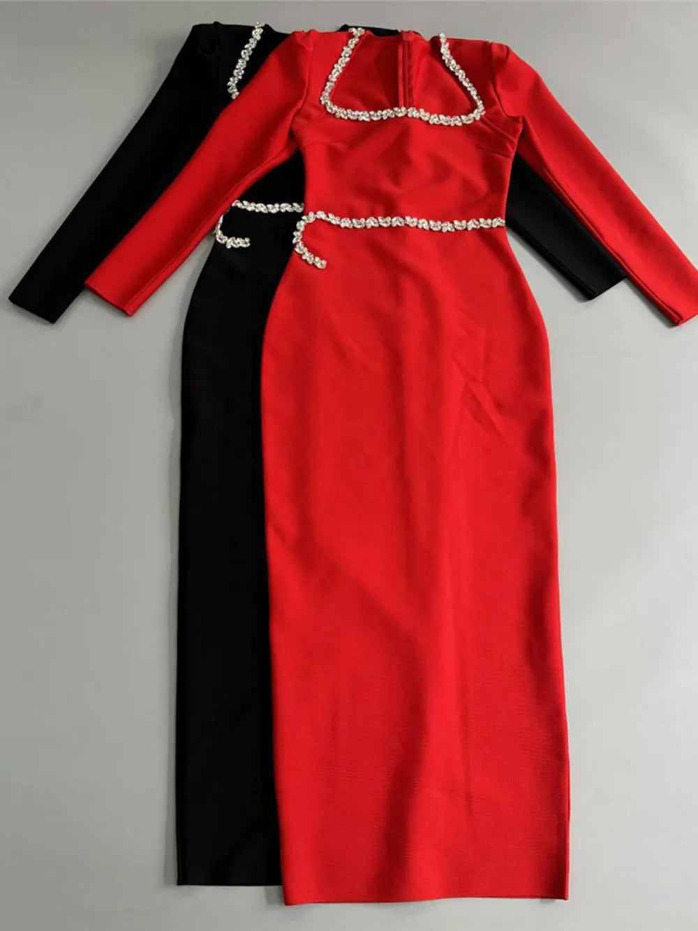 2024 Elegant Women Dress Light Luxury Diamond Design Bandage Dress Square Neck Long Sleeve Bodycon Christmas Red Dress Vestidos