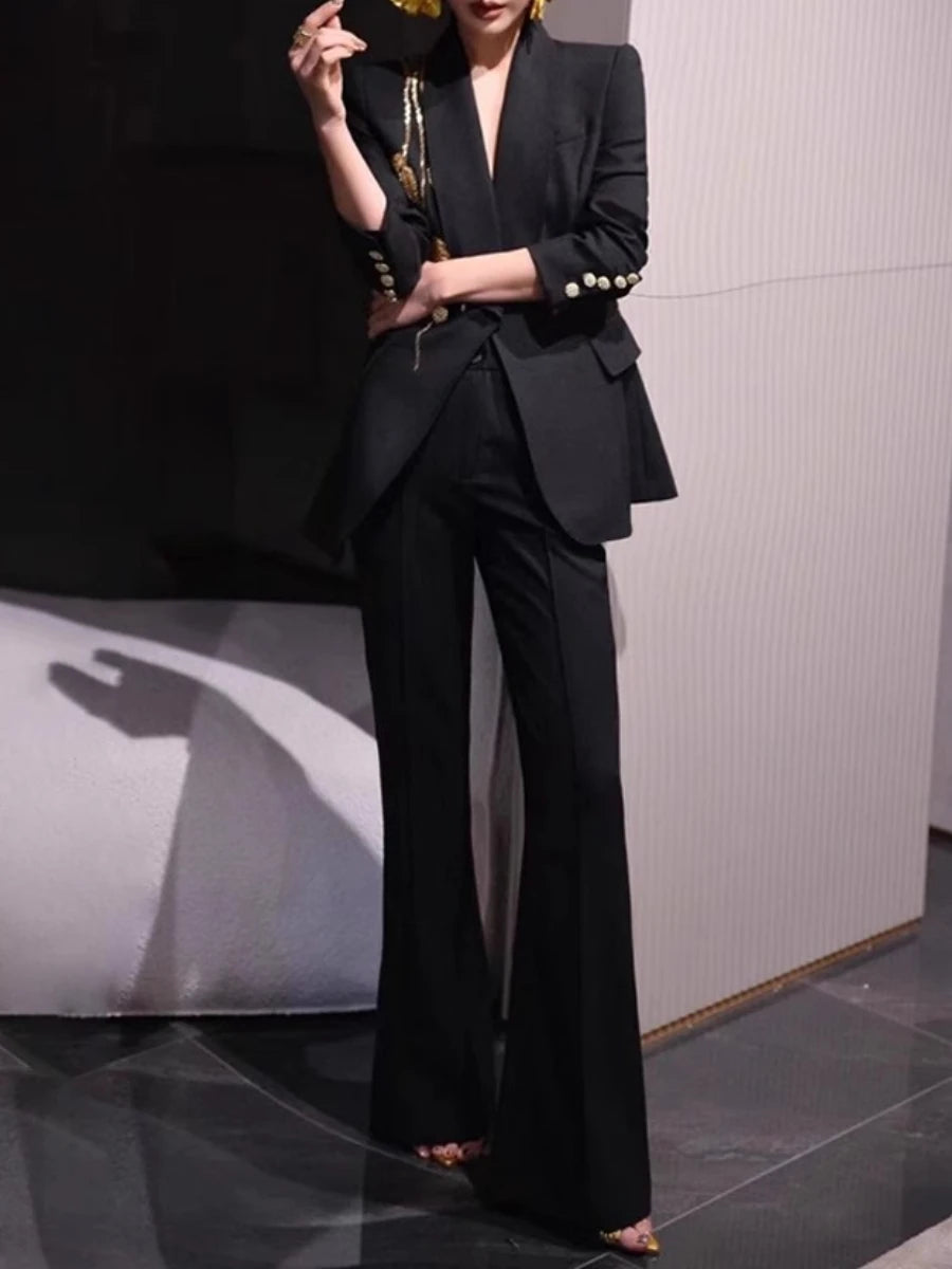 Solid Slimming Two Piece Sets for Women Lapel Long Sleeve Patchwork Bead Top High Waist Pant Temperament Set Female BLACK