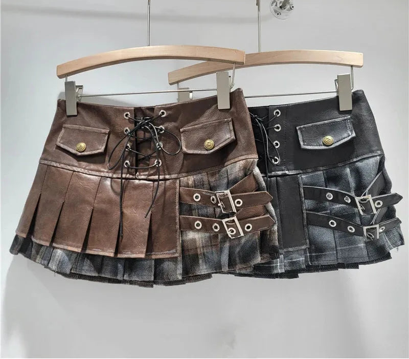 Spring New Fashion Fake Two-Piece PU Leather Patchwork Pleated Short Skirt For Women Side Zipper Skirts 11A07885