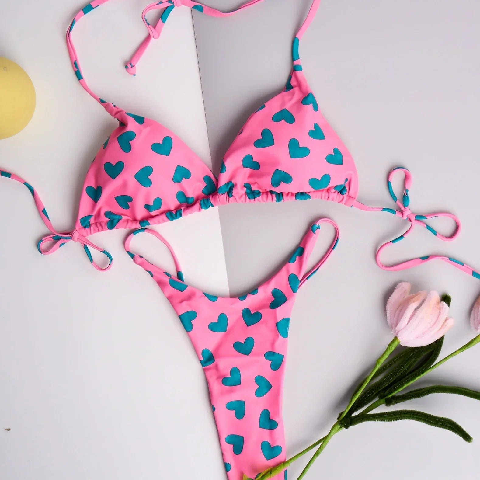 QINJOYER Pink Swimwear Women Brazilian Bikini Cute Heart Print Swimsuit Sexy Thong Bikini Set 2023 Bathing Suit Women Beachwear Green Heart