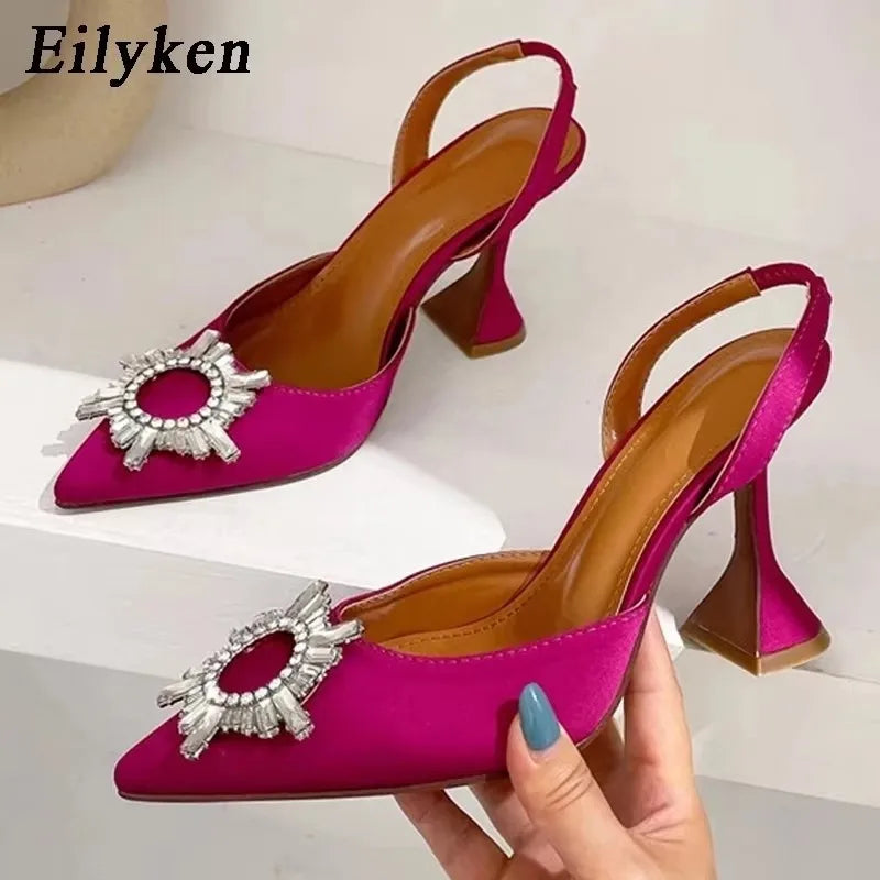 Eilyken Autumn Design Silk Women Pumps Crystal Strange Style High Heels Comfortable Party Wedding Bride Shoes Mei red