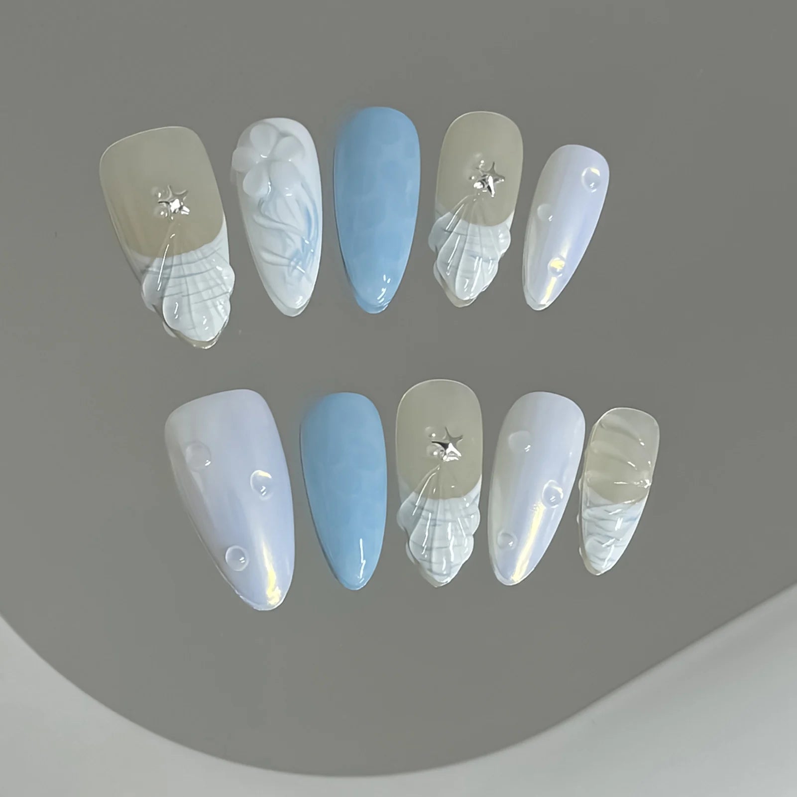 Ocean Series Fake Nail 10pcs Handmade 3d Colored Press On Nails Pearl And Buterfaly Design Almond False Nail Patches Deachable