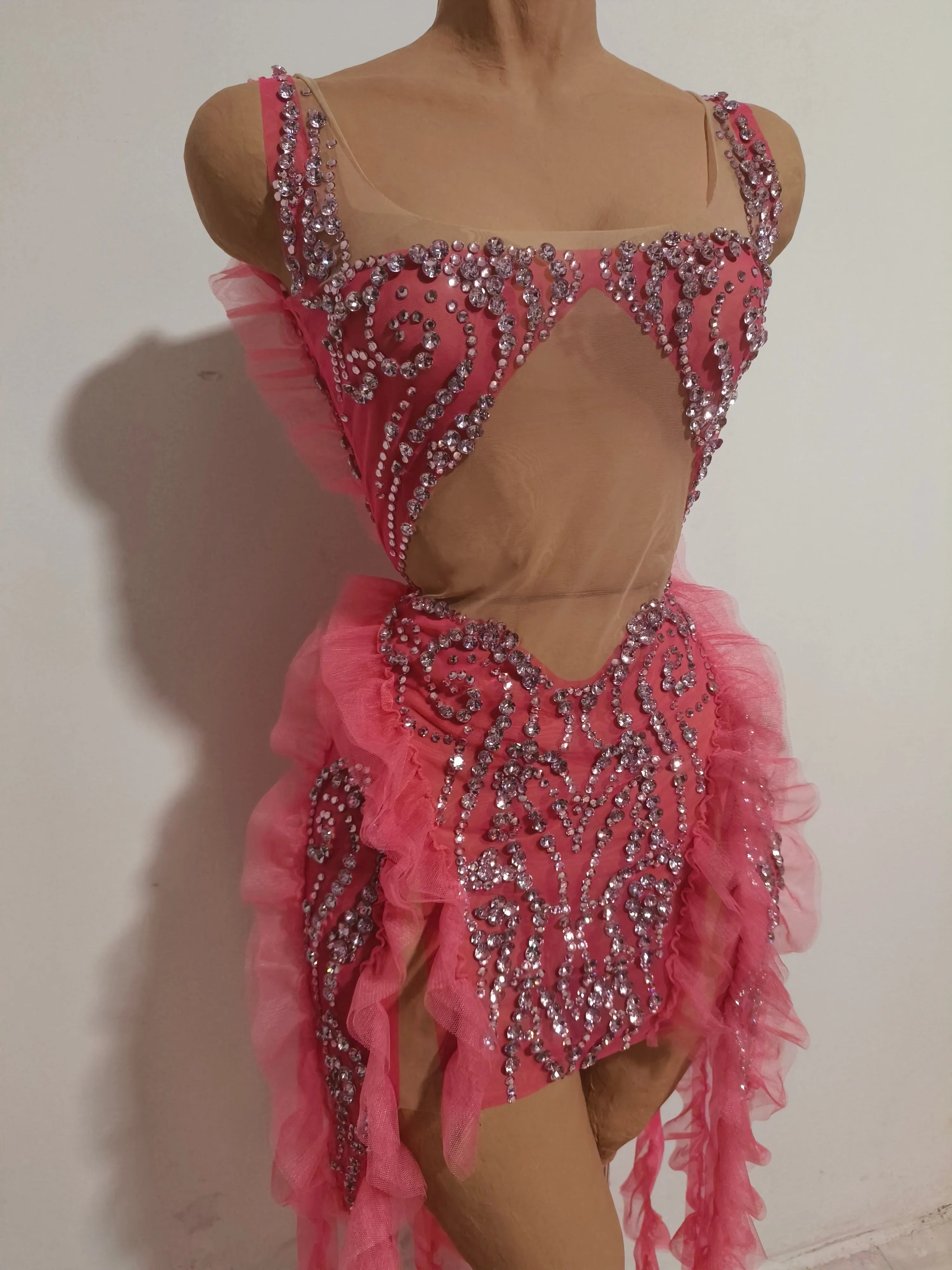 Women Sheer Mesh Rhinestone Ruffle Embellished Latin Dance Performance Costume Elegant Pink Spaghetti Strap Mini Dress