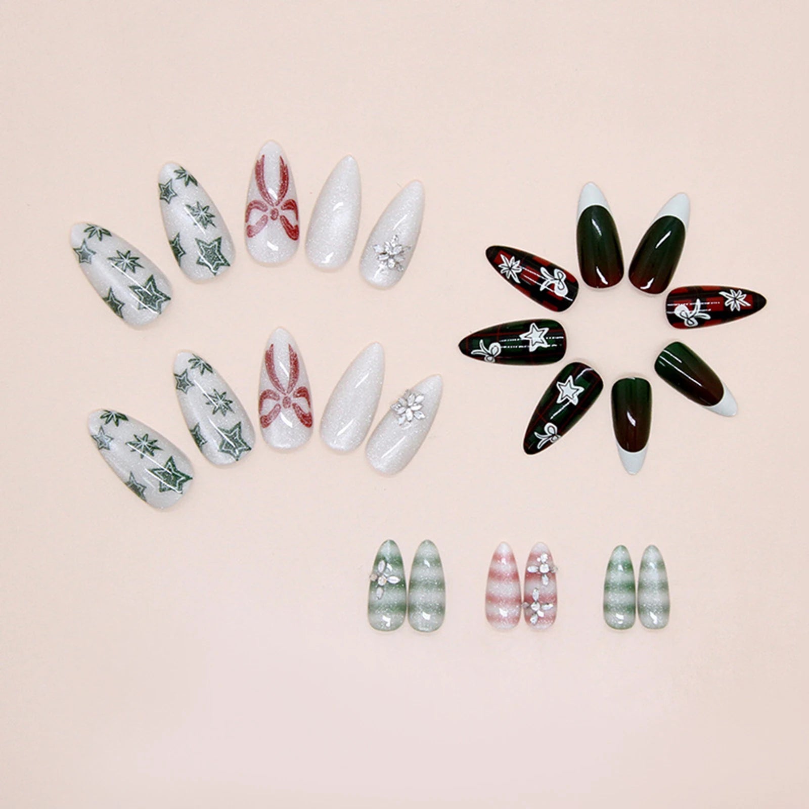 Christmas Almond Press On Nails, 24Pcs Full Cover Fake Nails Bowknot/Star/Snowflake Printed Wearable False Nails Diamond Decor