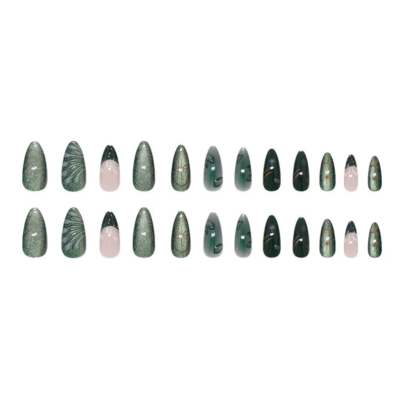24pcs French Almond Press on Nails Retro Green Cat Eye Fake Nail Tips Detachable Wearable Sweet Cool Spice Girl False Nails