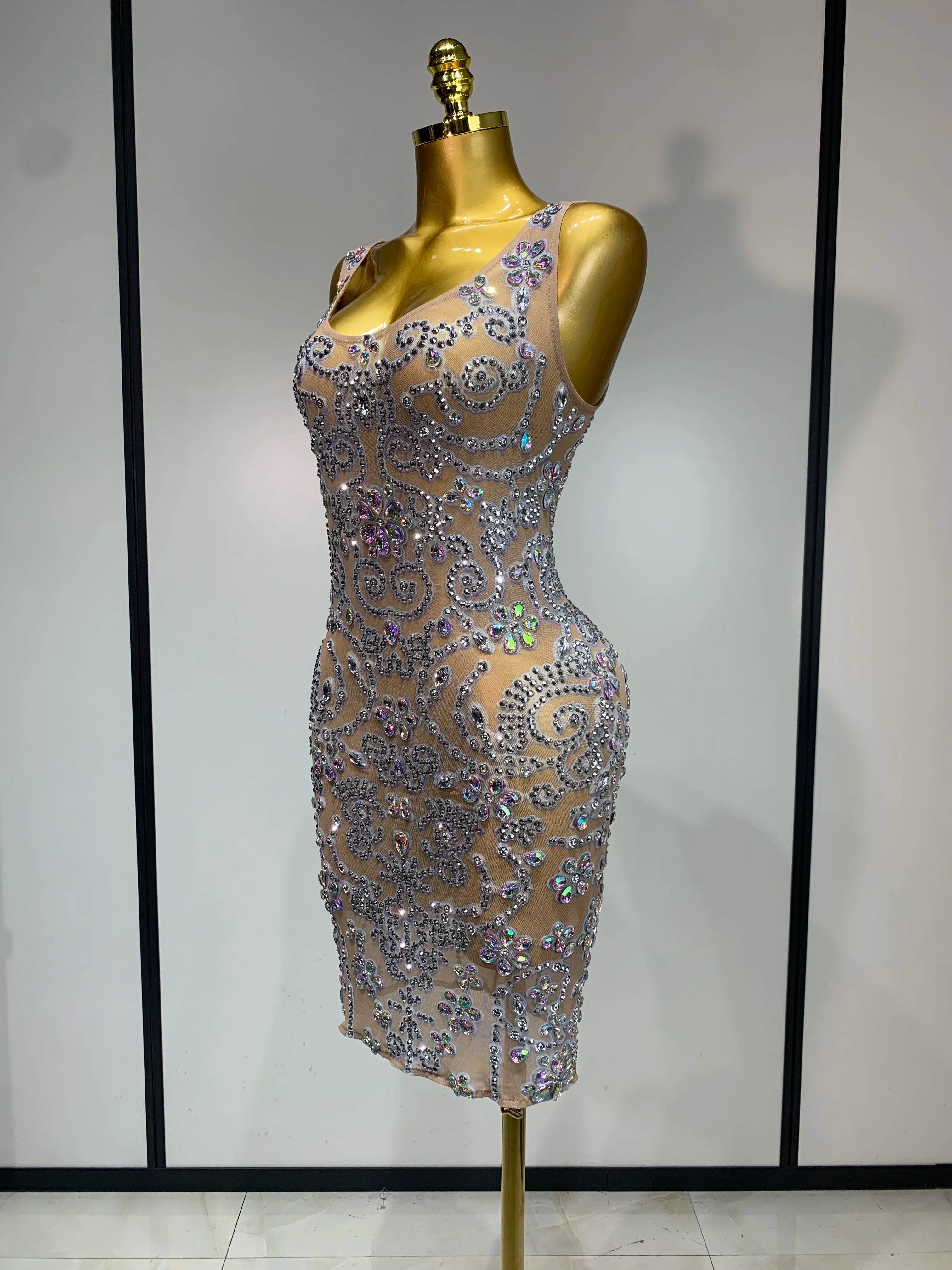 Celebrity Elegant Party Sparkly Rhinestones Transparent Mesh Short Dress Luxury Birthday Nightclub Outfit Perform Stage Costume