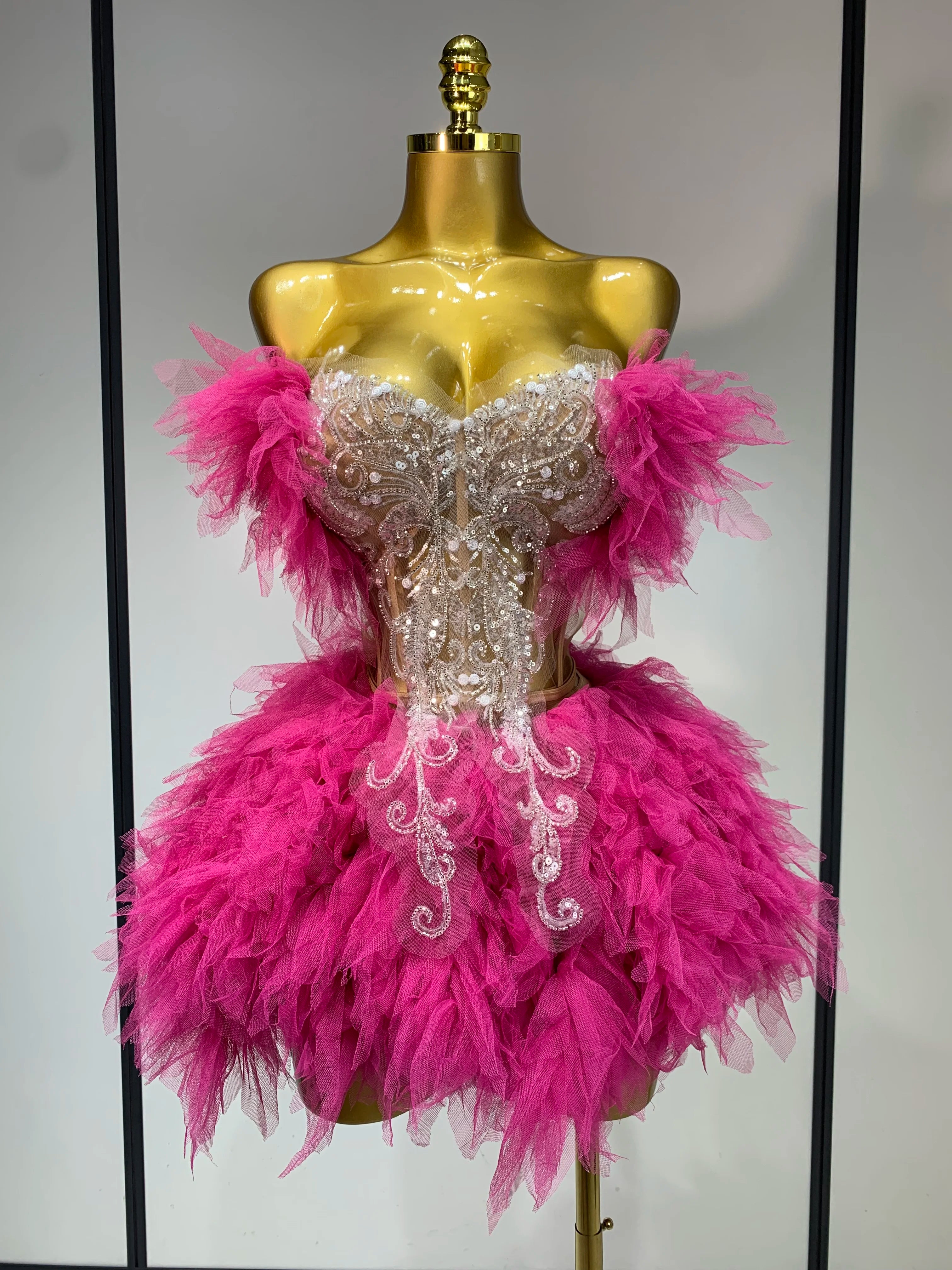 Women Sexy Strapless Mini Two Pieces Set Luxury Birthday Evening Party Dress Bar Nightclub Singer Dancer Stage Outfit Rose Red