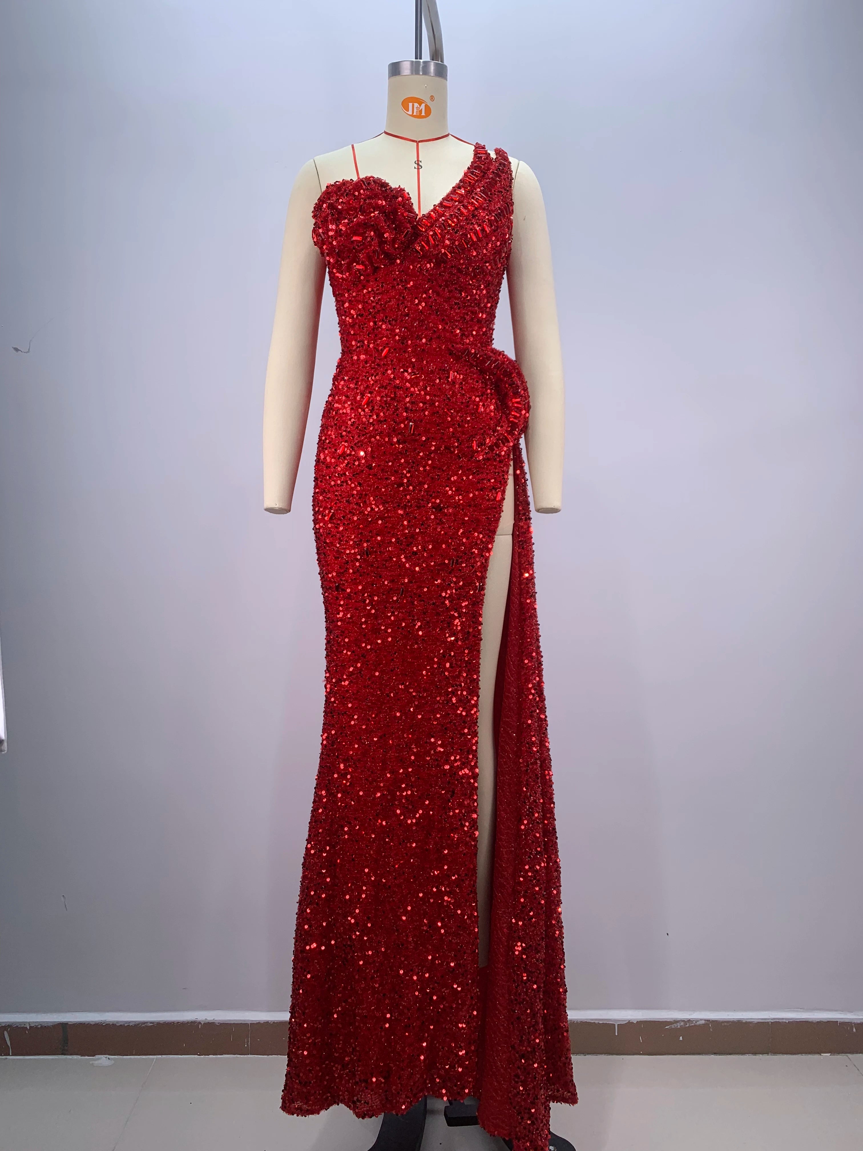 2024 Red Color Women Sexy Strapless Shinning Sequins Floor-lenght Dress Wedding Party Celebrate Prom Dress Vestido Red