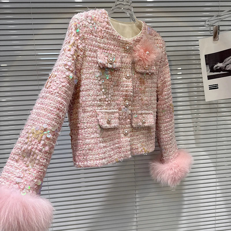 Winter New High-End Fashion Style Fox Fur Sleeve Sequin Tweed Cotton Short Coat For Women Elegant Jacket 11A07932