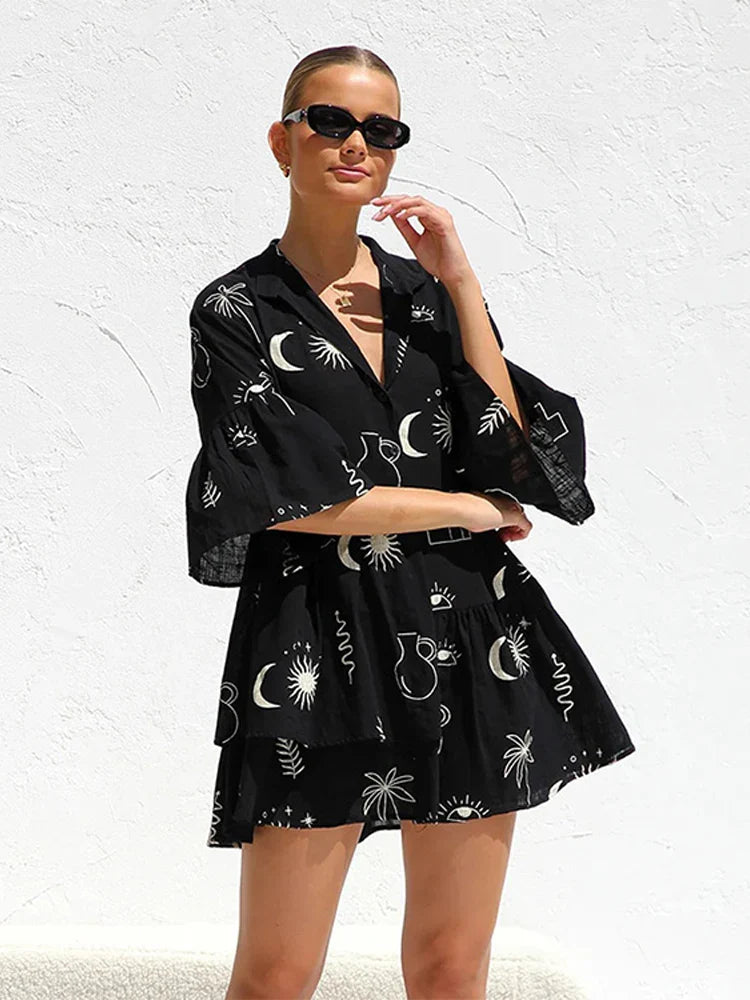 Print Flare Sleeve Ruffled Mini Women's Dress Elegant Shirt Collar Button Vestidos Spring Casual Loose Beach Female Dresses Figure Color