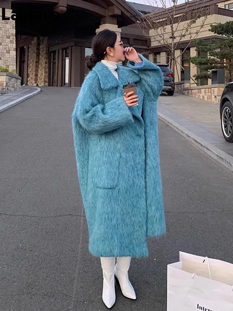 Winter Long Blue Fluffy Oversized Warm Wool & blends Coat for Women Single Button Pockets Luxury Clothes Woolen Overcoat