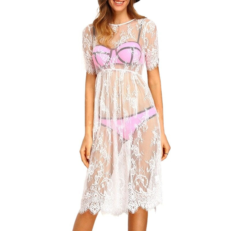 Summer Women Sexy Swimsuit Lace Crochet Bikini Cover Up Swimwear Beach Dress Pareo Beach Tunic Cover Ups Capes Dress