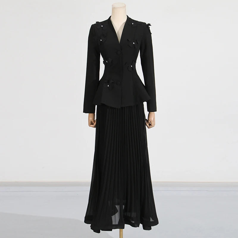 Solid Two Piece Sets for Women V Neck Ling Sleeves Spliced Applique Top High Waist Patchwork Folds Skirt Set Female BLACK