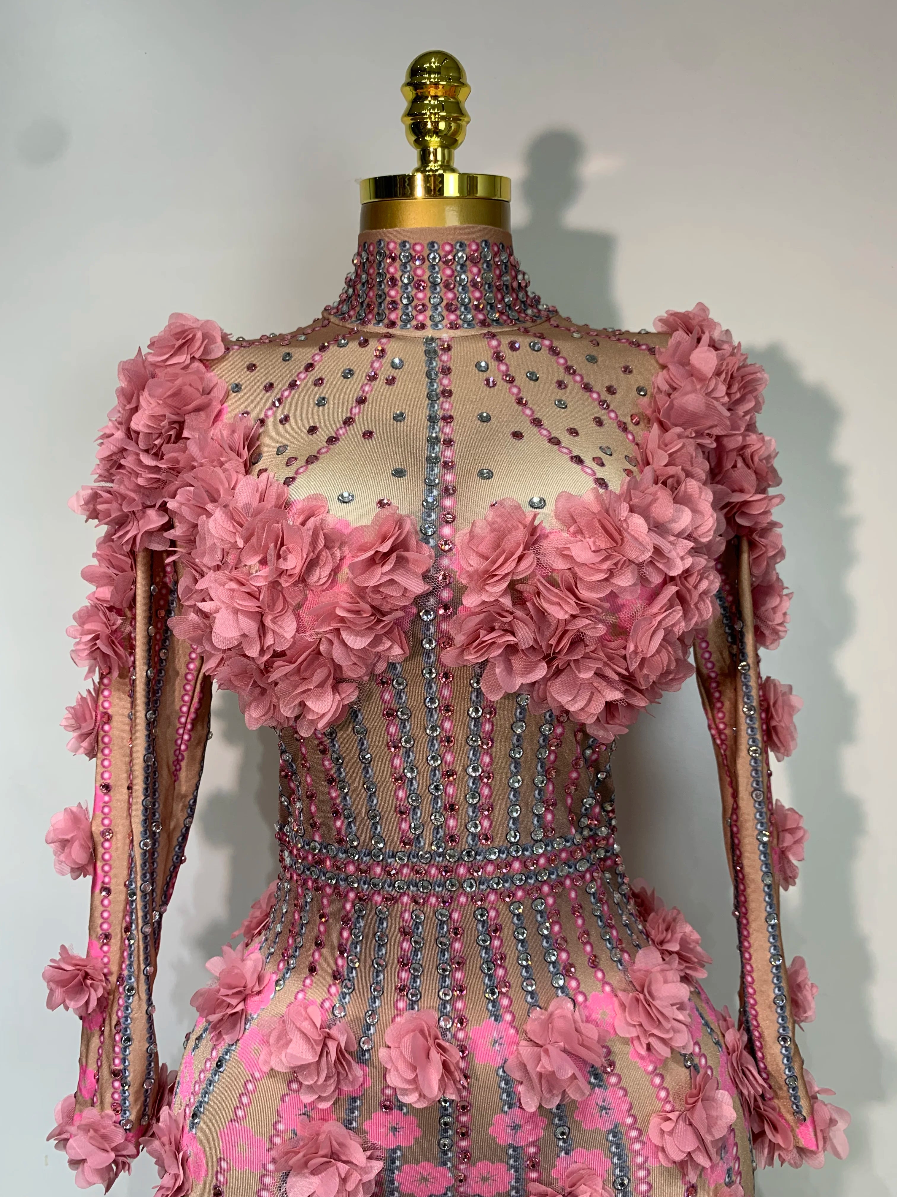 Sexy Skinny Rhinestones Flower Long Sleeve Bodycon Jumpsuit Women High Street Nightclub Birthday Performance Dance Stage Outfit