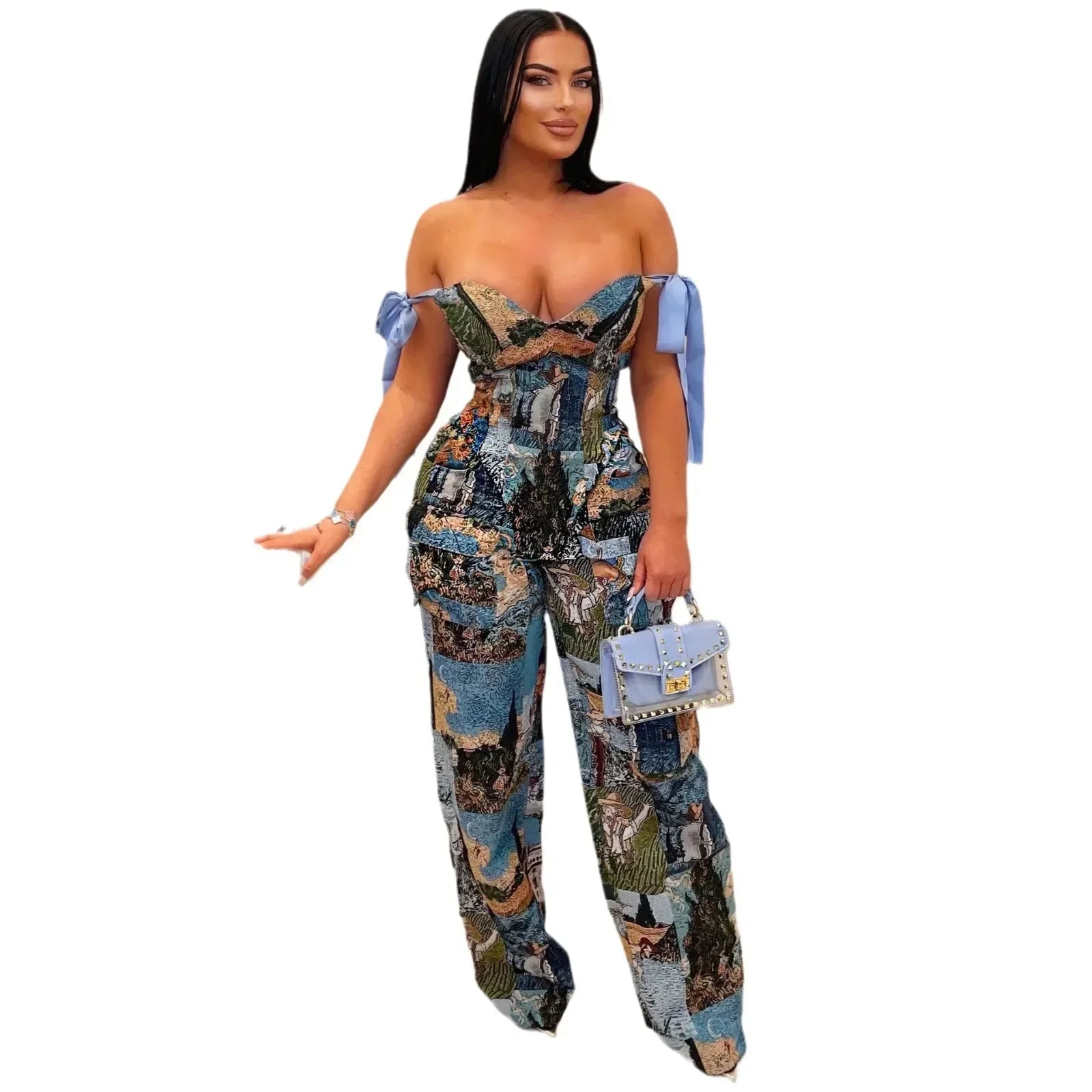 CM.YAYA Oil Painting Printed Women's Set Lace Up Back Crop Top and Pants Suit 2024 Fall Winter Two 2 Piece Sets Outfit Tracksuit