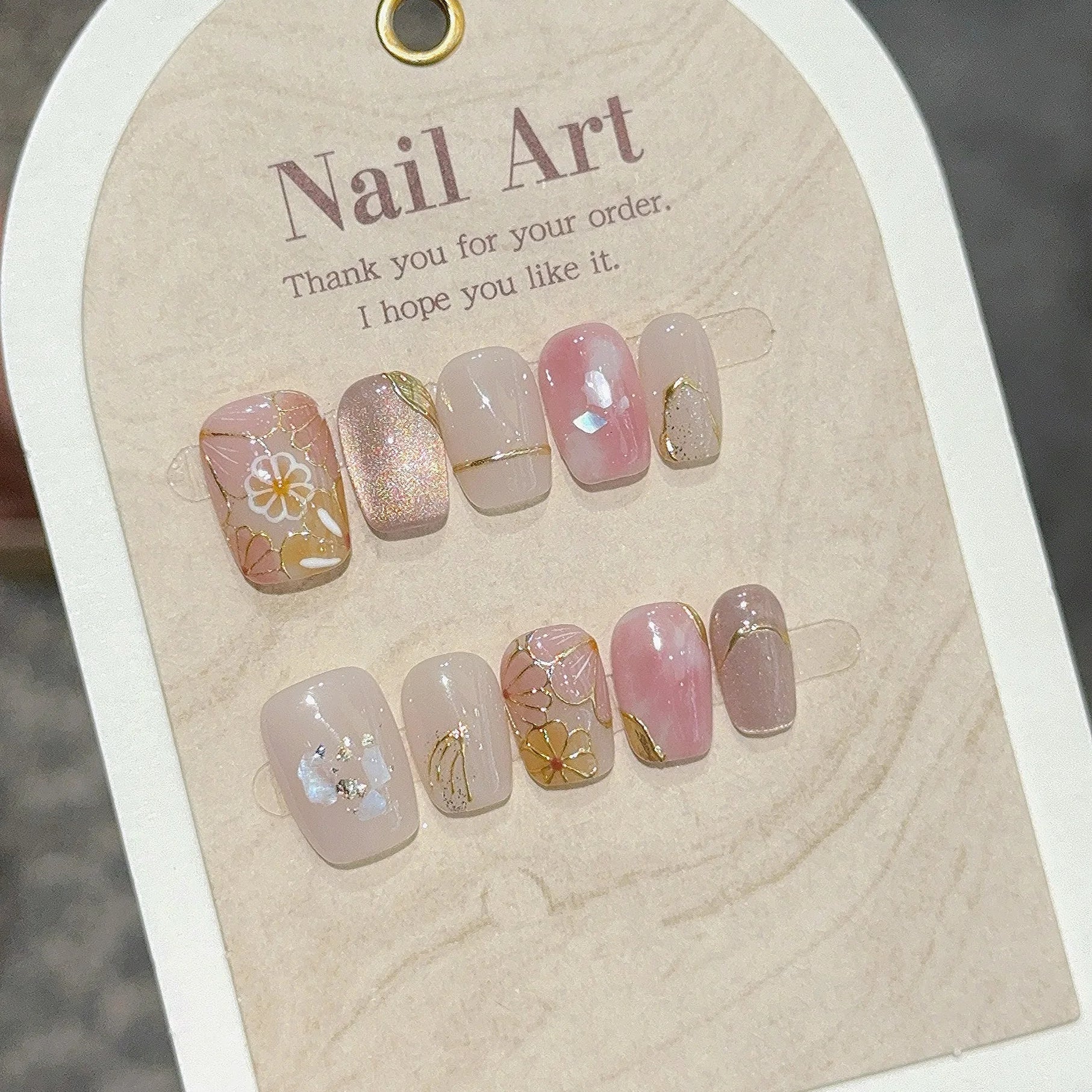 10Pcs Blush Pink Ballet Fake Nails Art Sweet Summer Wearing Fashion Short Square Manicure Handmade White Flowers Nail Stickers