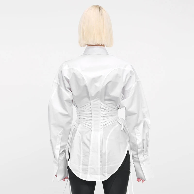 Solid Spliced Lace Up T Shirts for Women Lapel Long Sleeve Patchwork Single Breasted Fashion Top Female Clothing