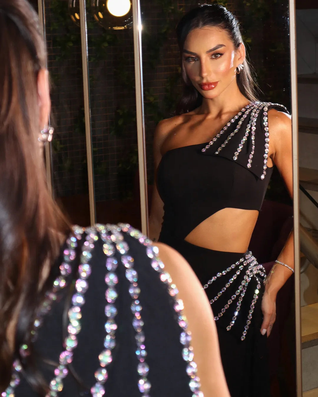 2025 New Arrival Women Sexy One Shoulder Big Crystal Bodycon Bandage Long Dress Celebrate Elegant Evening Party Outfit Vestido