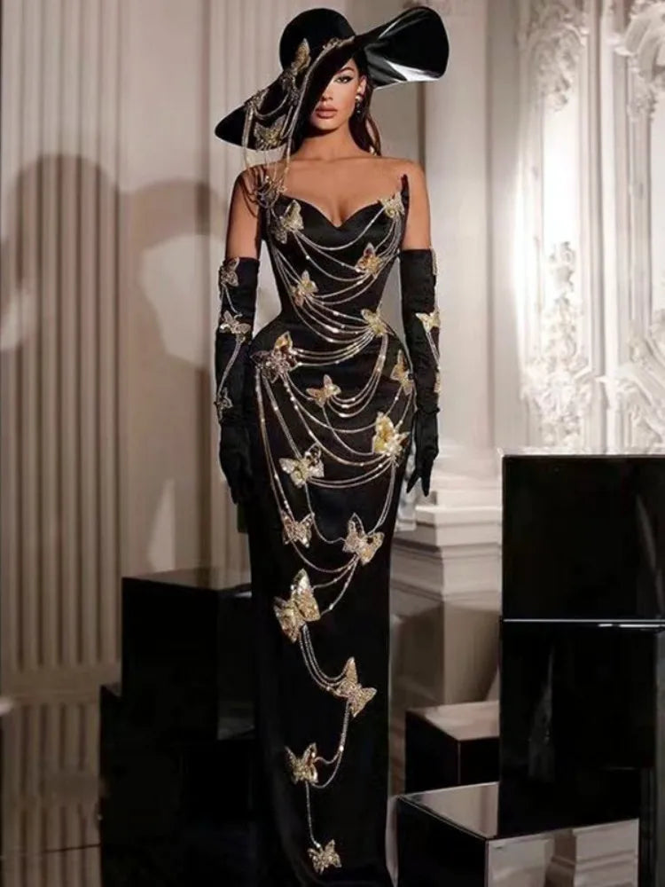 Fashionable Gloves Gold Shining Diamond Butterfly Strapless Black Long Dress Celebrity Luxury Evening Dress Performance costume black