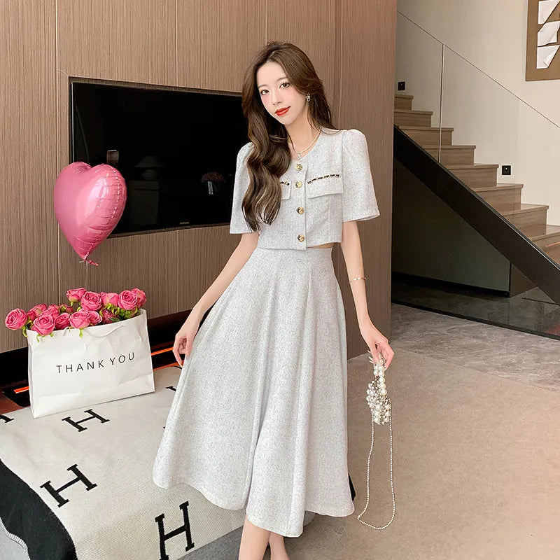 小さな香りの新しい夏のファッション韓国の甘いエレガントな 2 点セット女性コートトップ + ミディスカートスーツレディース 2 ピースセット