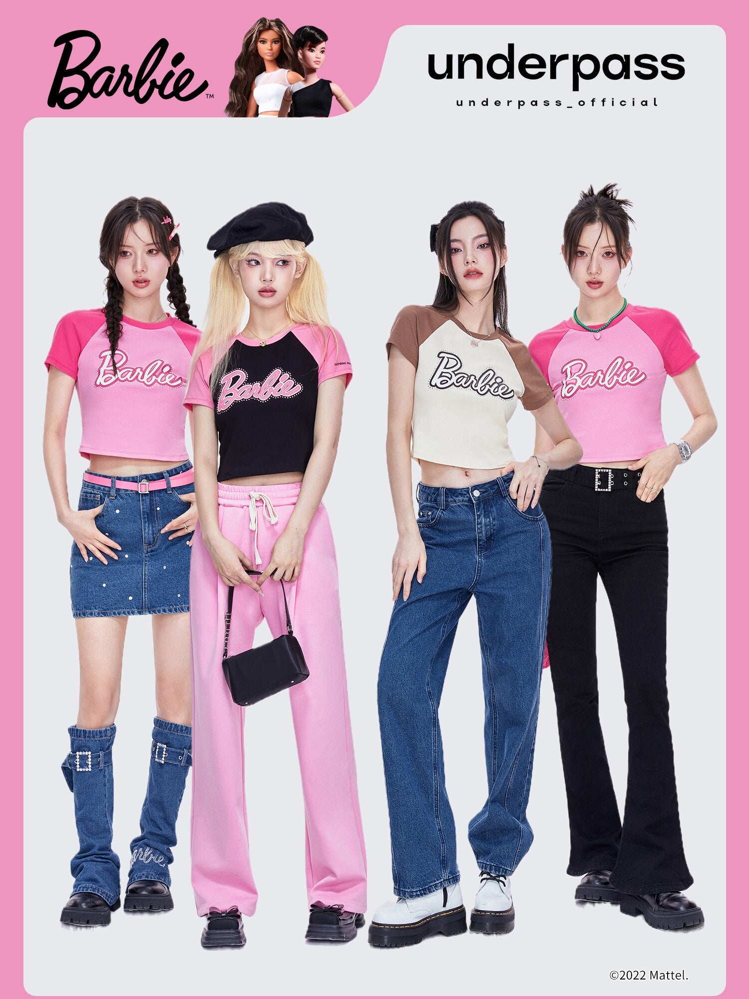 Underpass X Barbie Print Hot Drill Navel Slim Fit Contrast Short-Sleeved T-Shirt Y2K Girls Skinny Short Sleeves Fashion Soft Top