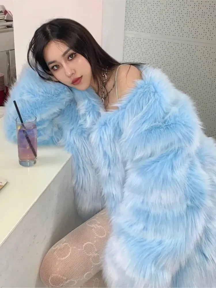 Super Hot Women's winter coats Elegant Blue Faux Fur Coats Female clothing Long Sleeve Thick Warm Outerwears Lady Oversize