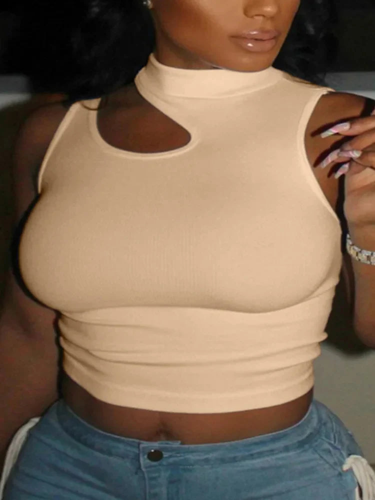 Cut Out Sexy Crop Tops Women Off Shoulder Solid Elasticity Skinny Sport Short Tops Women Tank Summer Tube Tops Beige