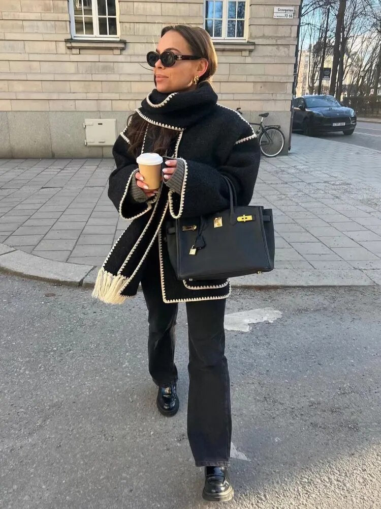 Woolen Jacket Women 2024 Autumn Winter Patchwork Tassel Coats Casual Fashion Long Sleeve Loose Top Warm Women's Suit Streetwear Black White