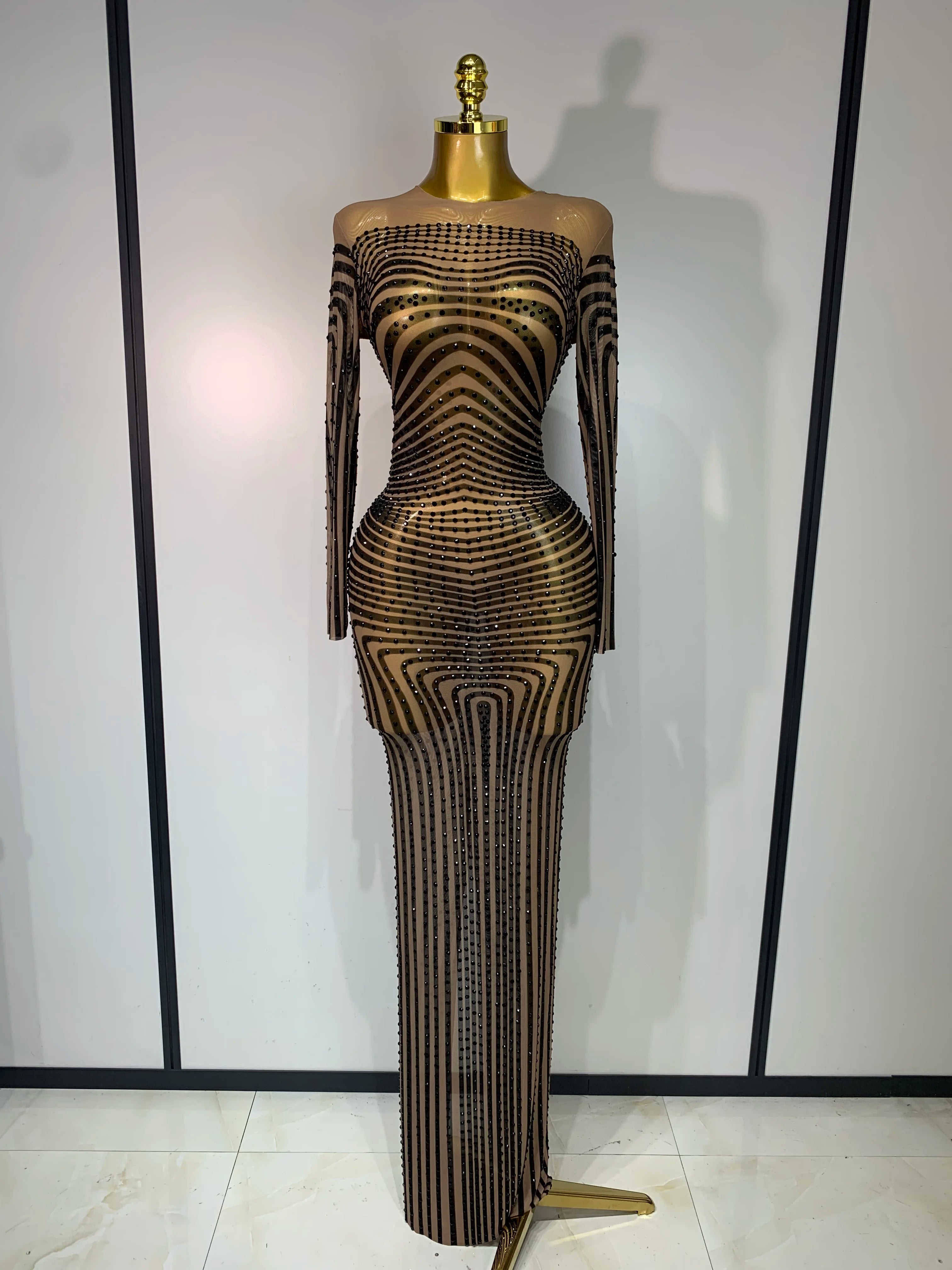 Women Sexy Mesh Perspective Shiny Diamond Dinner Dress Elegant Celebrity Evrning Party BirthdayDress Singer Stage Outfit black