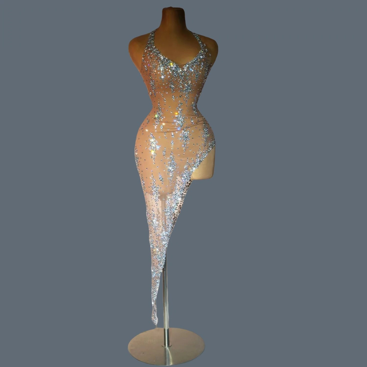 Nightclub Mini Dress Singer Stage Performance Wear Bar Party Asymmetrical Dress Sparkly Rhinestones Sleeveless Mesh Dress Xinghe Nude One Size