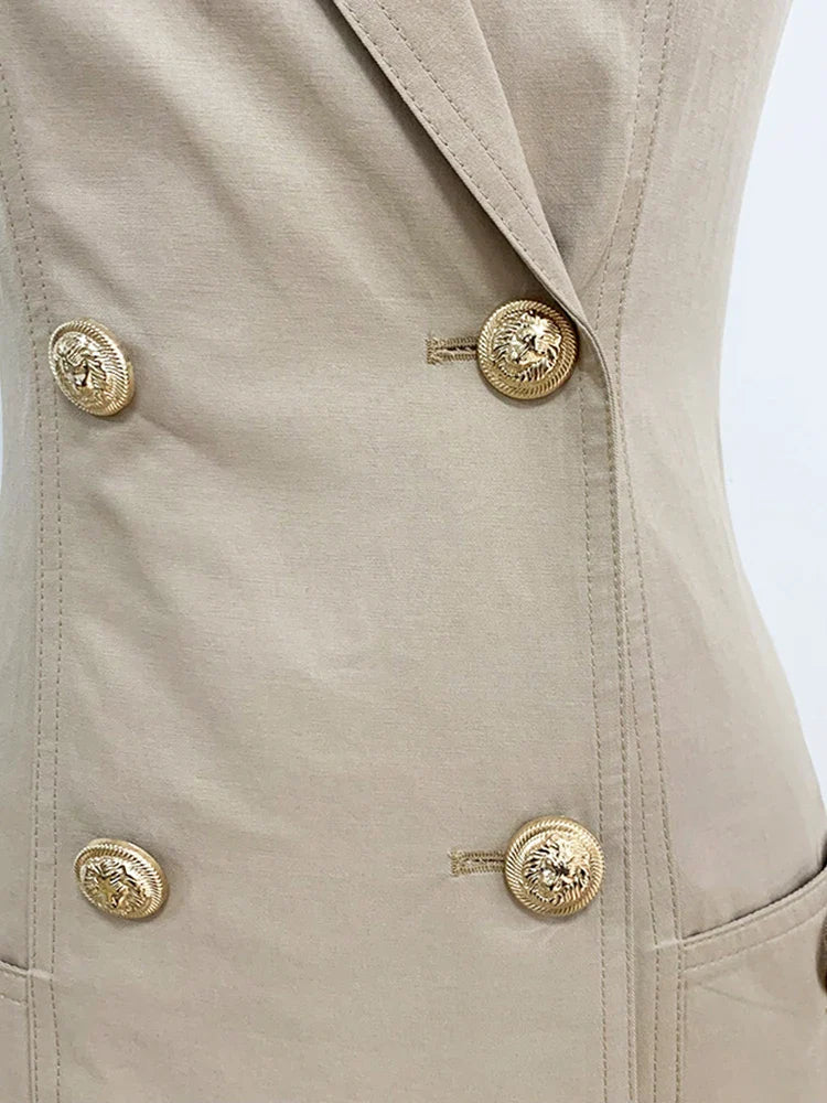 Top Newest Stylish Summer Designer Women's Sleeveless Notched Collar Double Breasted Lion Buttons Mini Cotton Dres