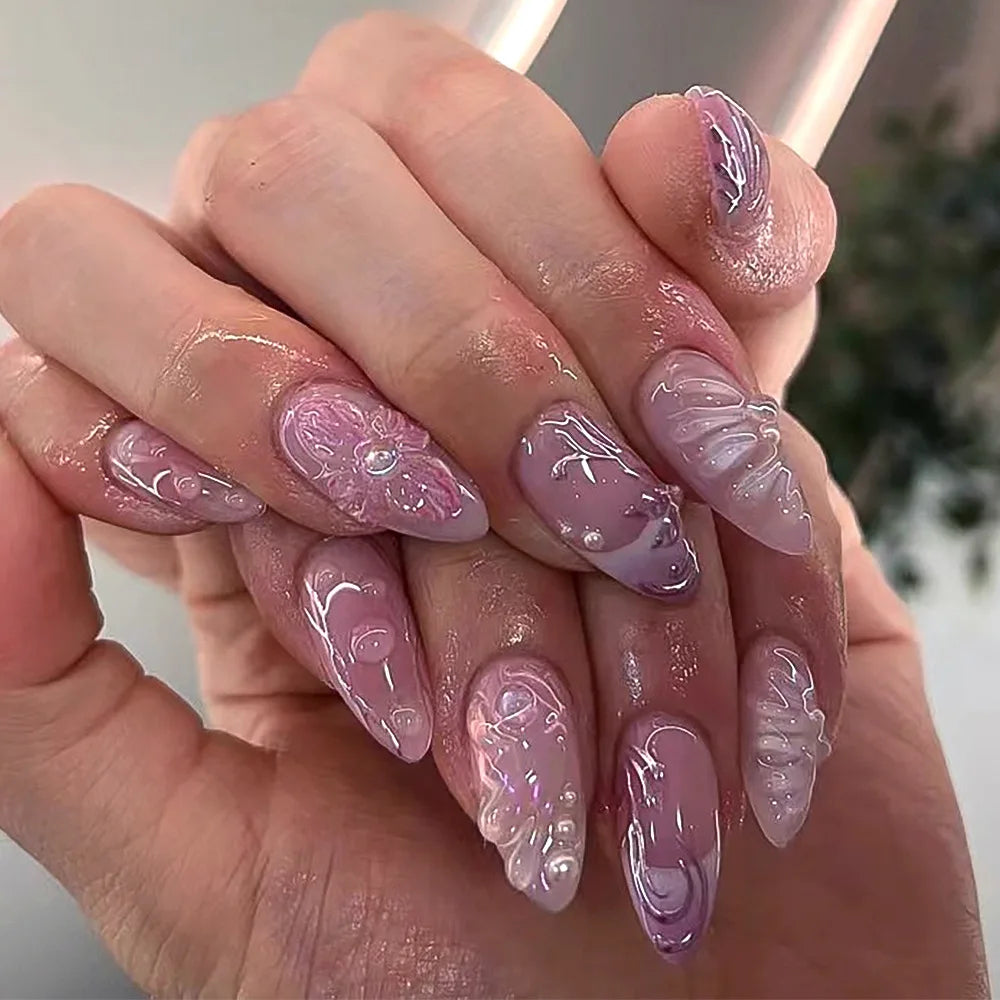 24Pcs Mid-length Almond Fake Nail Tips Pink French 3D Press on False Nails with Bow Design Wearable Oval Head Manicure Art 3272