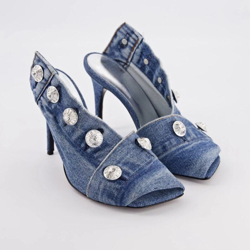 Summer Brand New Pocket Design Fashion Denim High Heel Sandals Popular Charming Woman Shoes Comfort Slippers Big Size