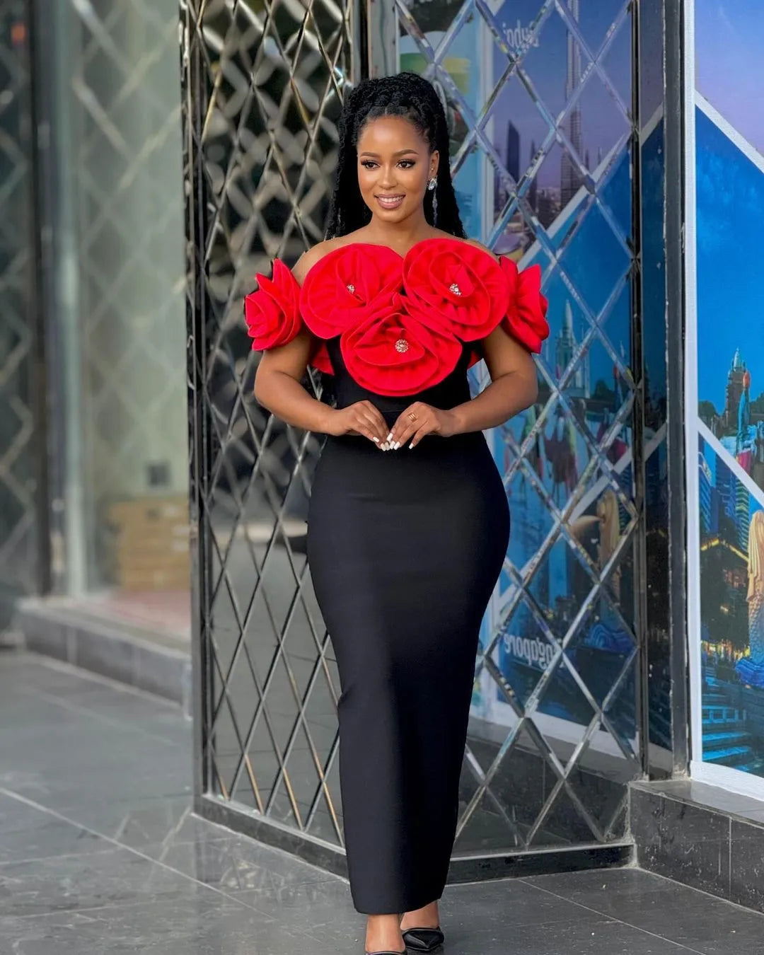 Fashion Big White Flowers Women Sexy Off the Shoulder Bodycon Long Bandage Dress Celebrate Evening Party Birthday Dress Red
