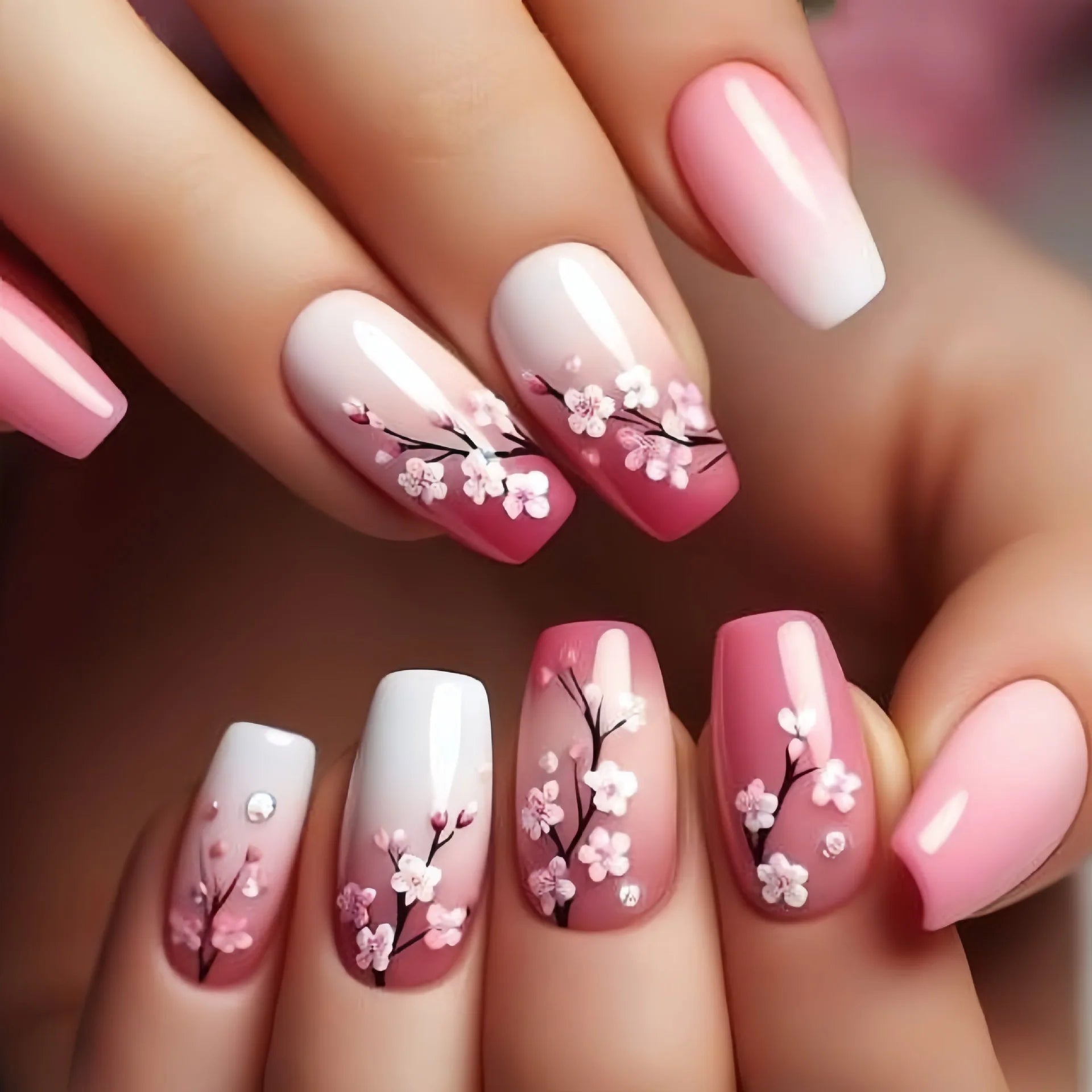 24pcs/set medium long fake nails for Spring summer season beautiful peach flowers butterfly design press on false nail art tips 1813