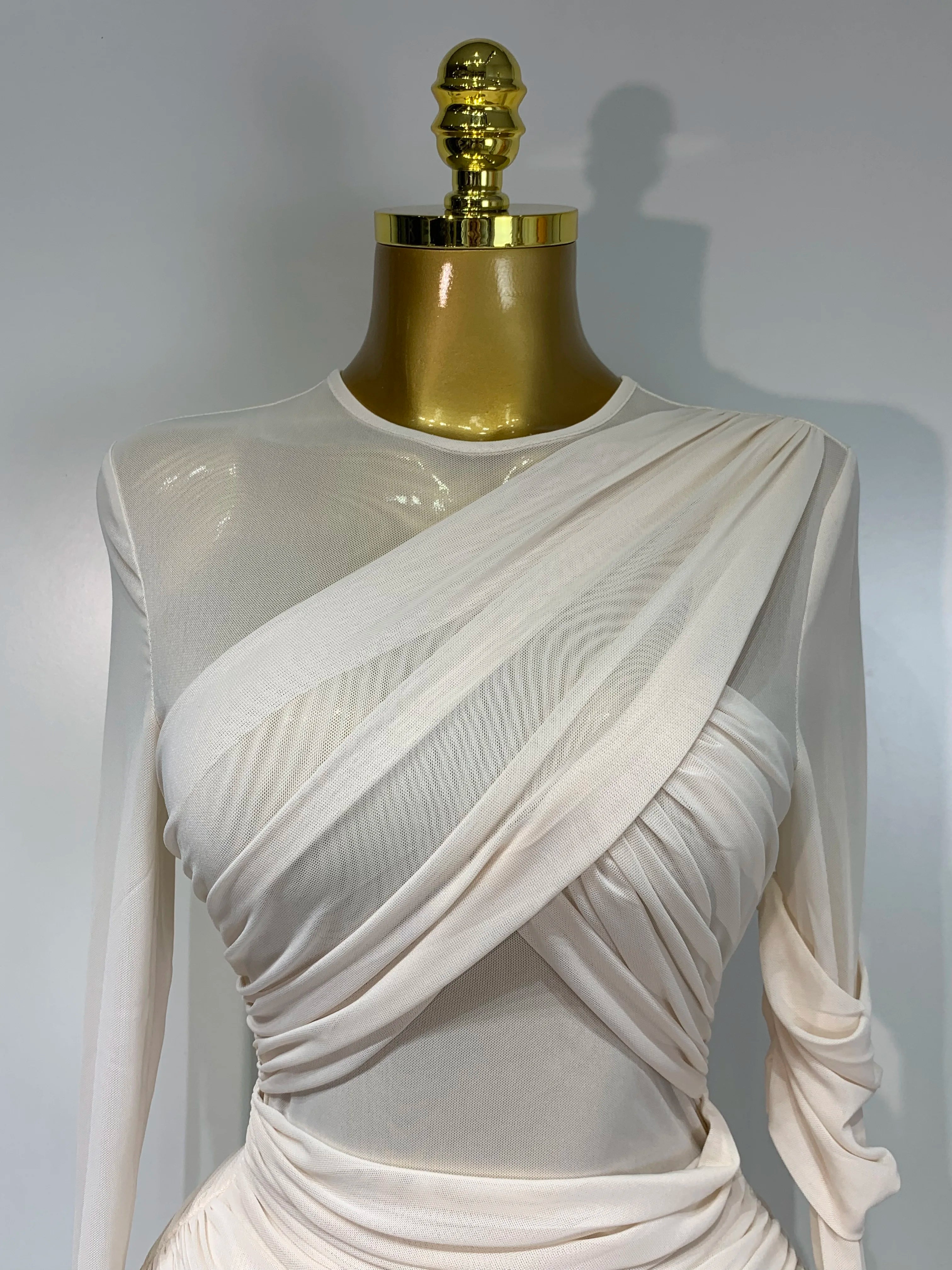 Elegant Mesh Fold Long Sleeve Bodycon Dress Women 2025 Evening Party Club Sexy Perspective Fashion Luxury Birthday Dresses