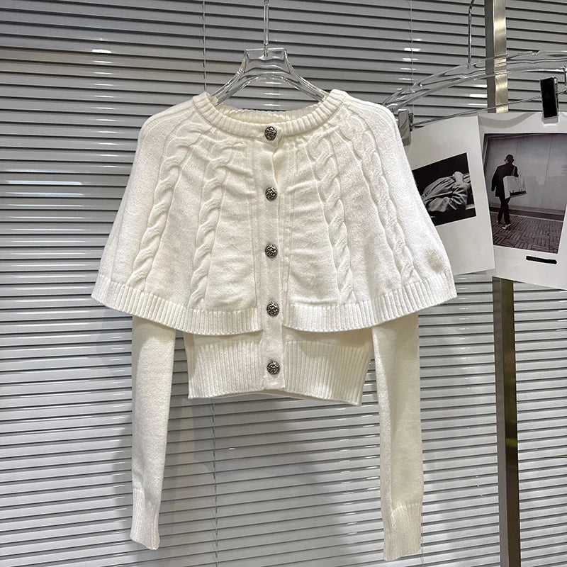 Winter New Elegant Sweet Twist Shawl Fake Two-Piece Knitted Sweater For Women Solid Color Versatile Tops 11A07507 White One Size