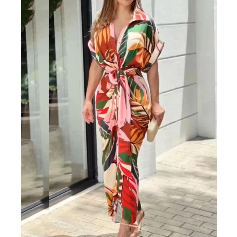Women Sexy Bandage Shirt Dress Vintage Printed V Neck Ruched Long Dress Female Elegant Button Short Sleeve Beach Maxi Dress Robe