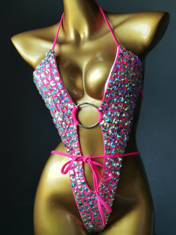 Swimwear Bikini 2024 Women Swimsuit One Piece - Shiny Crystal Rhinestone Hollow Out Summer Beach Swimming Bathing Suit Rose Red 2