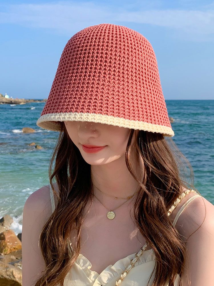 Summer Bicolor Knit Bucket Hat For Woman 2024 Trendy Black Bucket Hat Sun Caps Fashion Trend Charm Y2k Young Girl Kpop Gift Girl