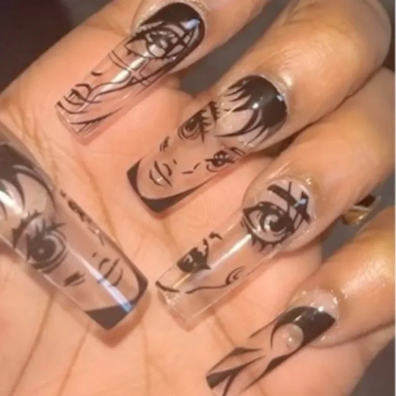 French Tips Press on Nails Long Fake Nails Black White Anime Comics Design Full Cover Punk Acrylic Artificial False Nails 24PCS A574