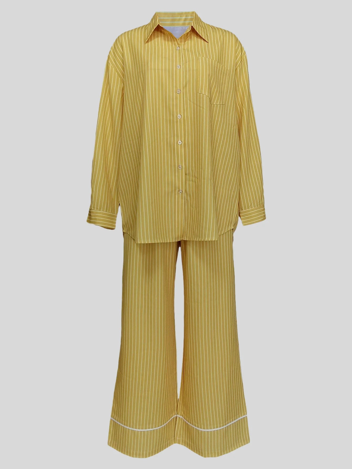 Fashion Striped Women's Set Long Sleeve Blouse Shirt Top and Wide Leg Pants 2025 Chic Two 2 Piece Sets Outfits Tracksuit Yellow