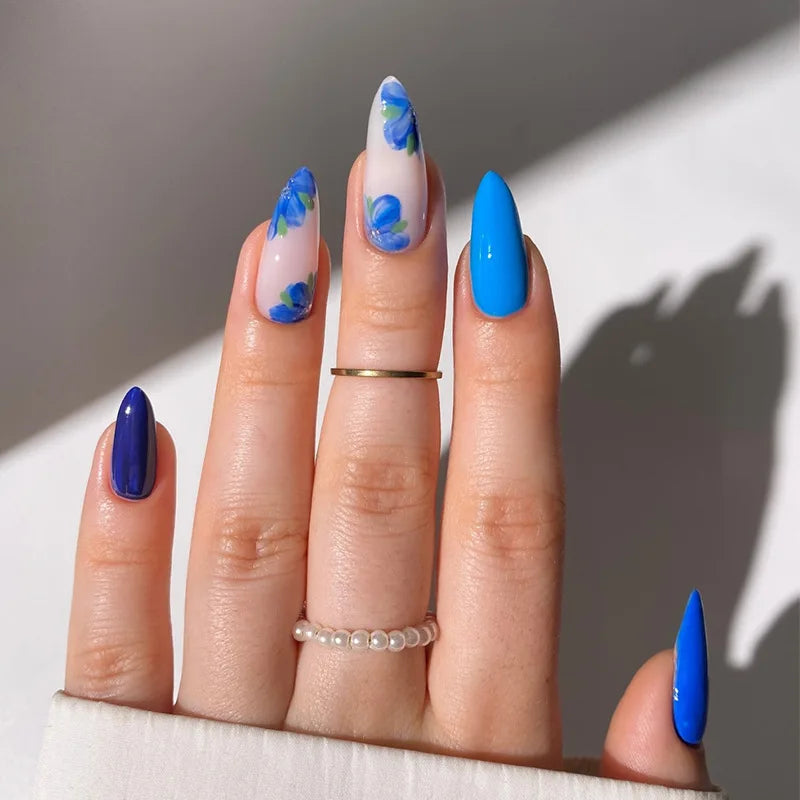 24Pcs Long French Almond Nails Set Press on Simple White Edge Design Fake Nails for Woman Detachable Full Cover False Nails Tips W1778