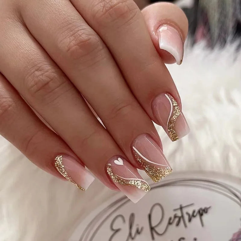 24pcs/set short Medium square fake nails for women gradient nude pink flowers french almond summer tips press on false nail art 2177