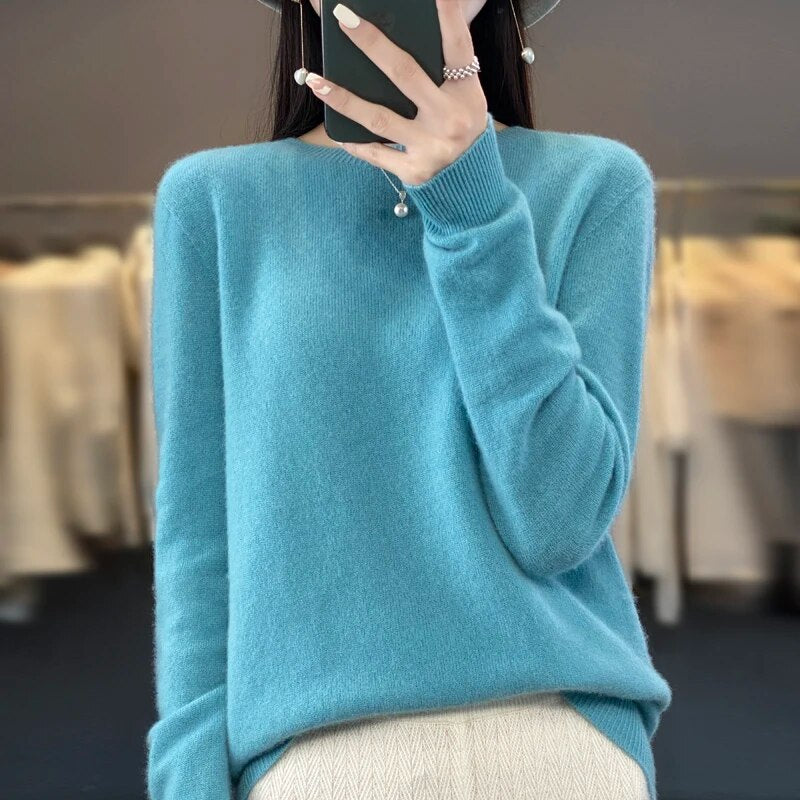 Women 100% Pure Merino Wool Knitted Sweater Autumn Winter Fashion O-Neck Top Cashmere Warm Pullover Seamless Jumper Clothes