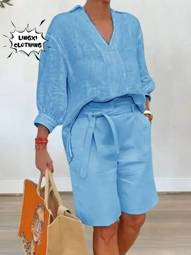 2024 Summer Fashion Plus Size New Matching Collection Women's Shorts Set V-neck Short Sleeves Sports Cotton Linen Two Piece Set