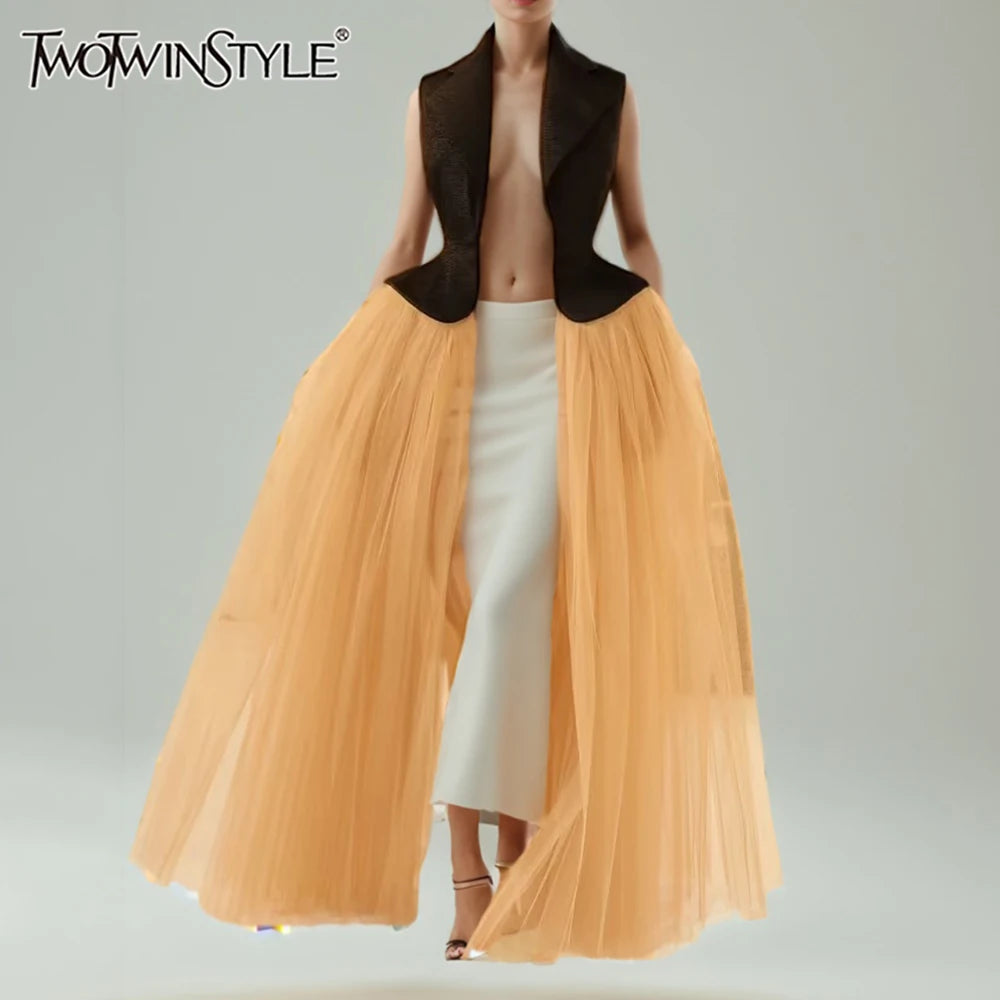 Hit Color Sheer Elegant Jacket for Women Lapel Sleeveless Patchwork Folds Fashion Long Jacket Female Clothing New